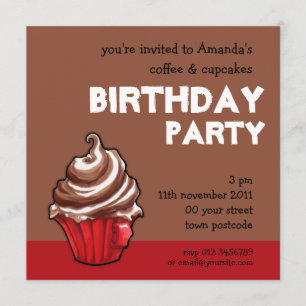 Red Coffee Cupcake coffee Birthday Invitation