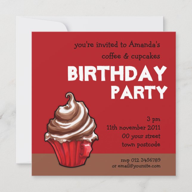 Red Coffee Cupcake red Birthday Invitation (Front)
