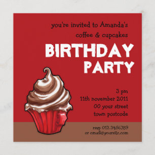Red Coffee Cupcake red Birthday Invitation