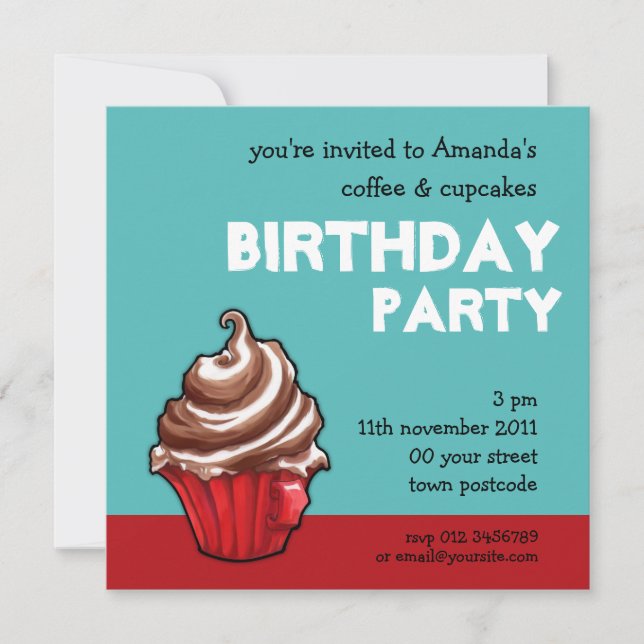 Red Coffee Cupcake teal Birthday Invitation (Front)