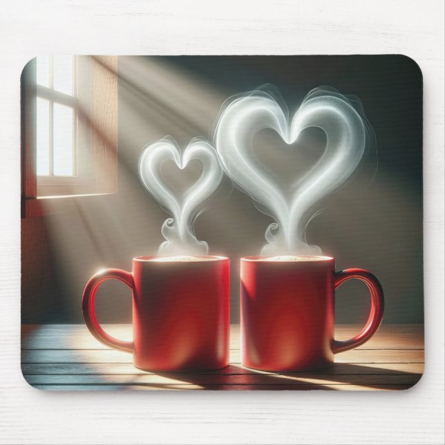 Red Coffee Mugs With Steamy Hearts Mouse Pad (Front)
