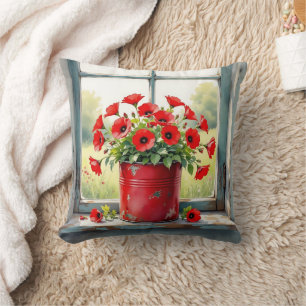 Red Coffee Tin of Red Poppies Cushion