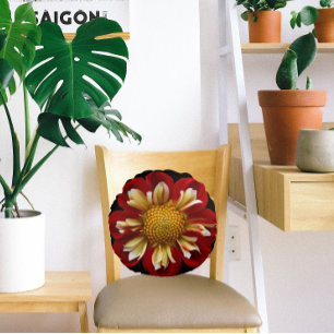 Red Collarette Dahlia Floral on Black Round Cushion