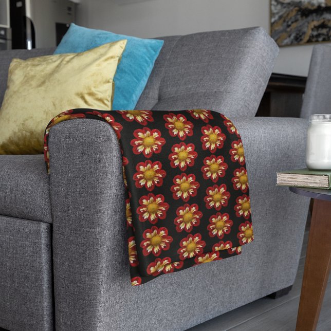 Red Collarette Dahlia Floral Pattern on Black Fleece Blanket (In Situ Folded)