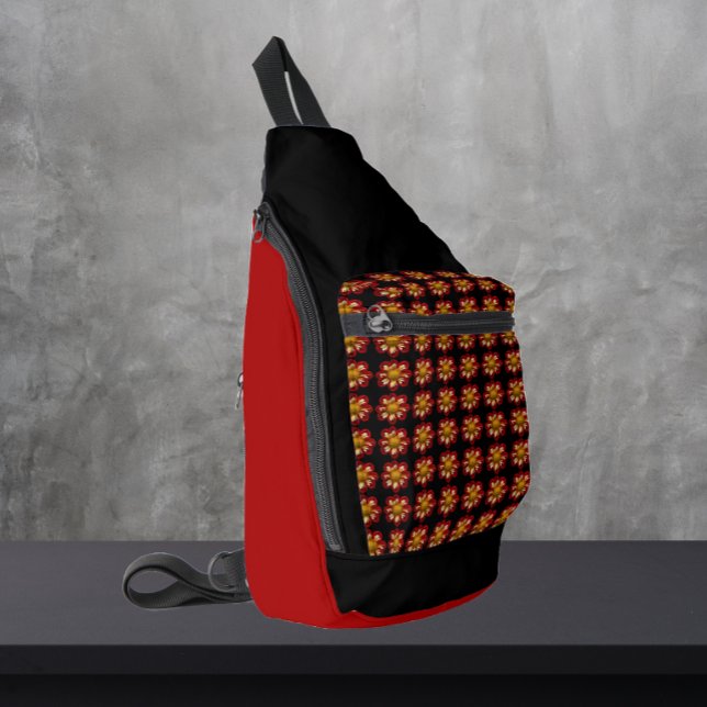Red Collarette Dahlia Floral Pattern on Black Sling Bag (In Situ)