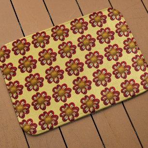 Red Collarette Dahlia Floral Pattern on Yellow Bath Mat