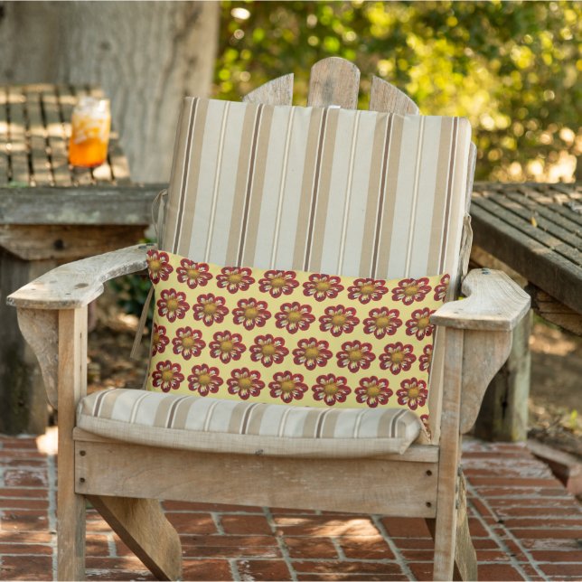 Red Collarette Dahlia Floral Pattern on Yellow Lumbar Cushion (Chair)