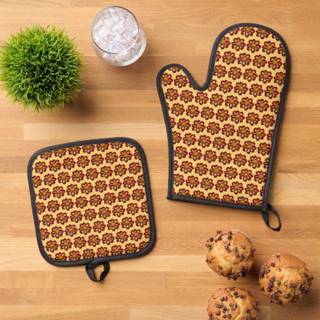 Red Collarette Dahlia Floral Pattern on Yellow Oven Mitt & Pot Holder Set (Top Down)