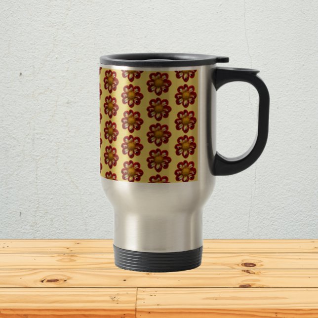 Red Collarette Dahlia Floral Pattern on Yellow Travel Mug (In Situ)