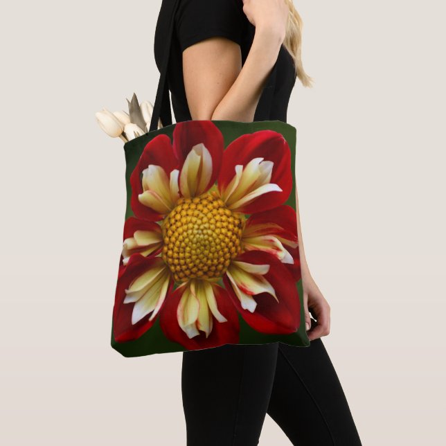 Red Collarette Dahlia Floral Tote Bag (Close Up)