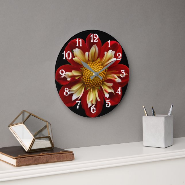 Red Collarette Dahlia on Black Floral Large Clock (Office)