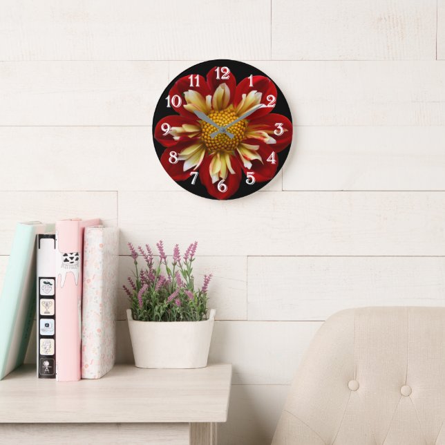 Red Collarette Dahlia on Black Floral Large Clock (Reading Room)