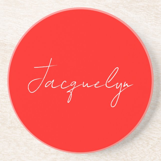 Red Colour Plain Elegant Modern Minimalist Name Coaster (Front)