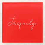 Red Colour Plain Elegant Modern Minimalist Name Glass Coaster<br><div class="desc">Represent yourself with this modern,  elegant design. This template can be customised to meet all professional occupations.</div>