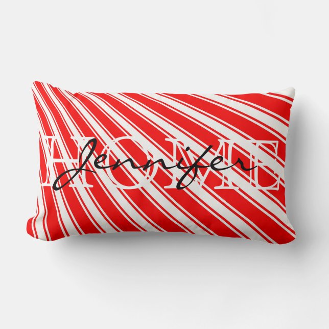 Red Colour Stripe Pattern Home Monogram Lumbar Cushion (Front)