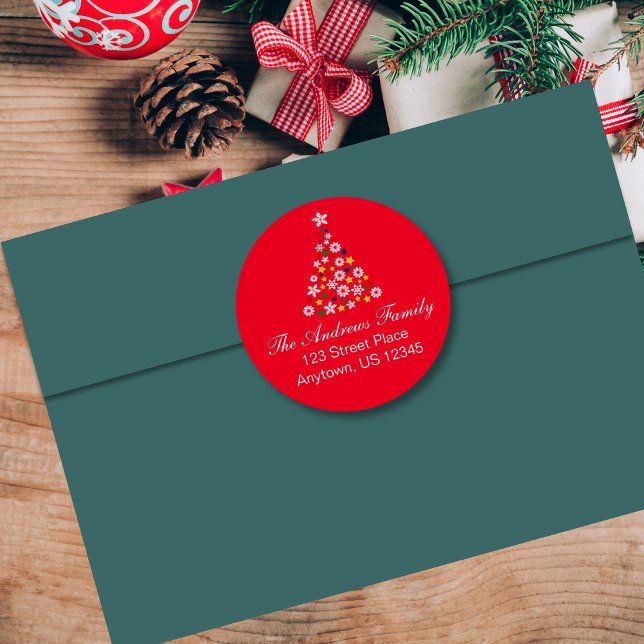 Red Colourful Christmas Tree Round Address Label (Creator Uploaded)