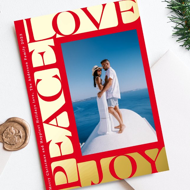 RED colourful LOVE PEACE JOY one photo frame Foil Holiday Card (Creator Uploaded)