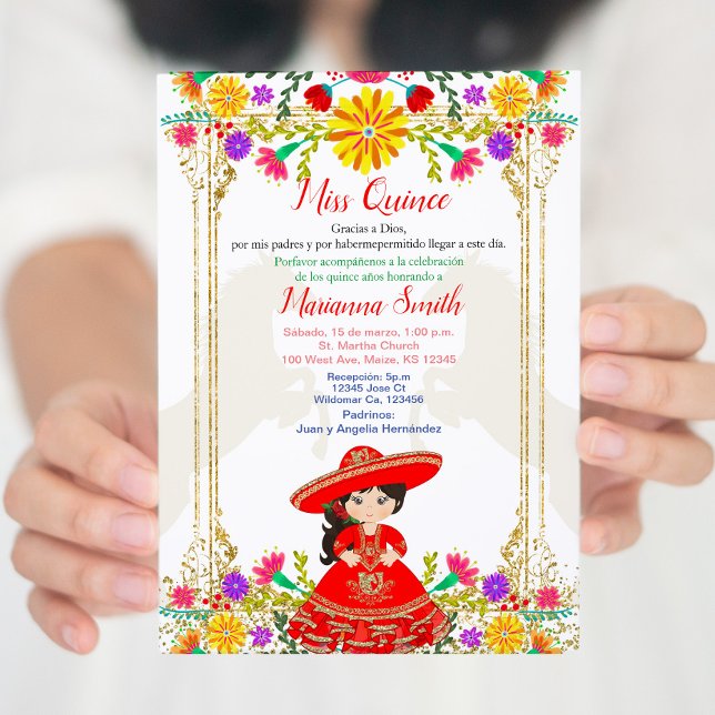 Red Colourful Mexican Floral Quinceañera   Invitat Invitation (Creator Uploaded)