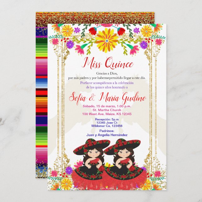 Red Colourful Mexican Floral Twin Quinceañera Invitation (Front/Back)