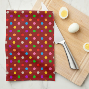 Red Colourful Rainbow Polka Dots Design  Tea Towel