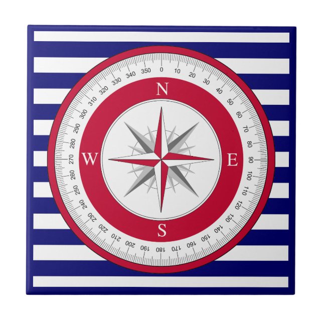 Red Compass Rose Blue and White Stripe Ceramic Tile (Front)