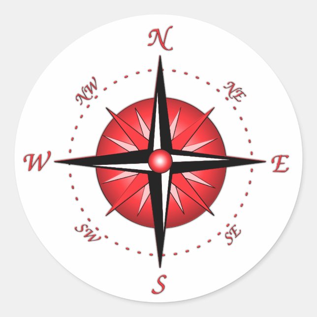 Red Compass Rose Classic Round Sticker (Front)