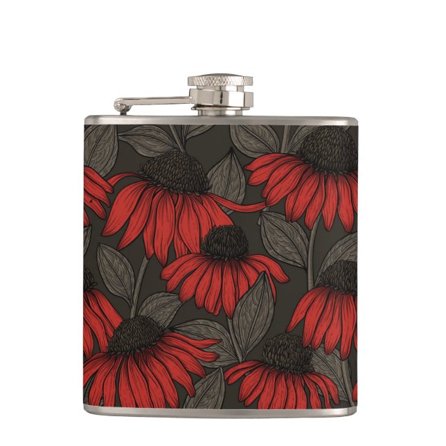 Red coneflowers on brown hip flask (Front)