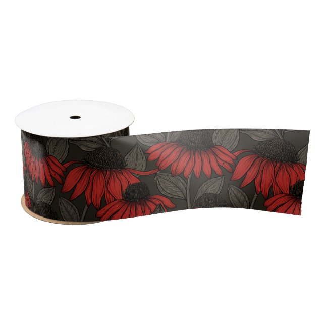 Red coneflowers on brown satin ribbon (Spool)