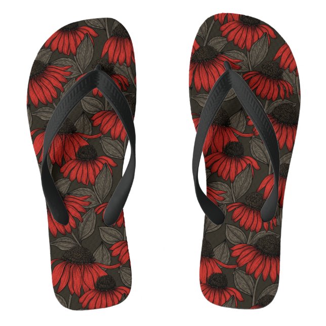 Red coneflowers on brown thongs (Footbed)