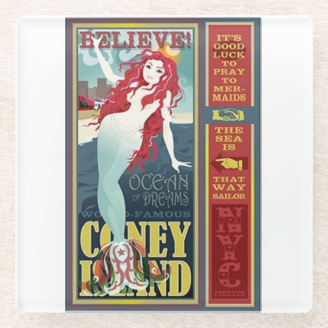 red coney island mermaid glass coaster (Front)