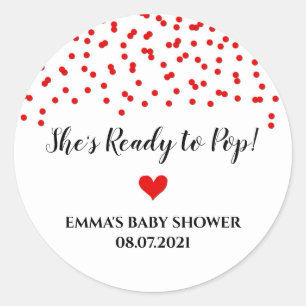 Red Confetti Heart She's Ready to Pop Classic Round Sticker