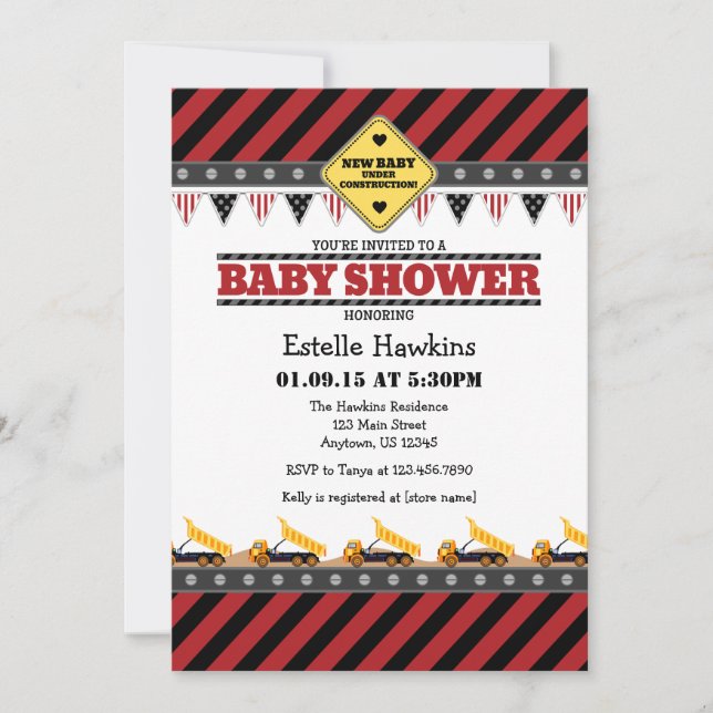 Red Construction Baby Shower Invitation (Front)