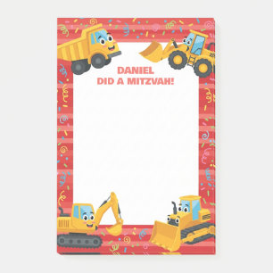Red Construction Trucks Personalized Mitzvah  Post-it Notes