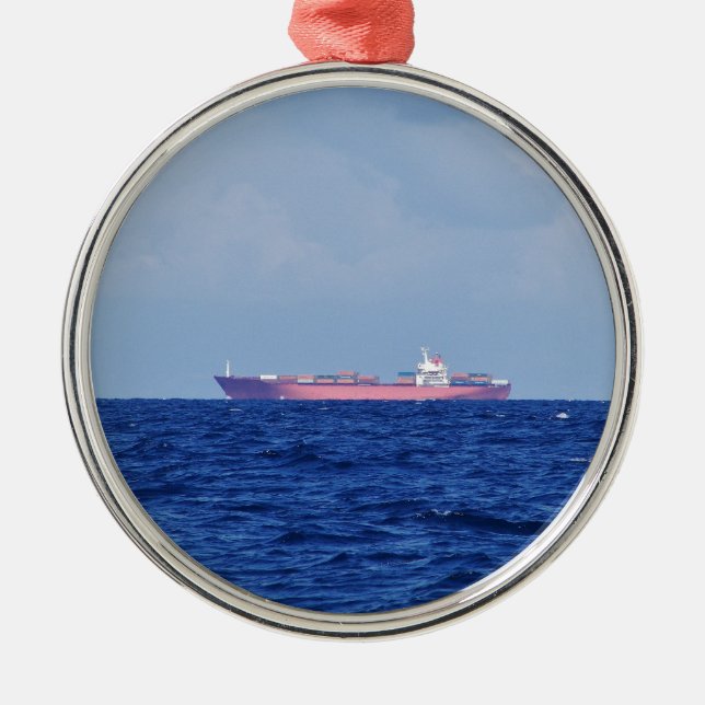 Red Container Ship Metal Ornament (Front)