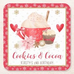 Red Cookies and Cocoa 2nd Birthday Square Paper Coaster