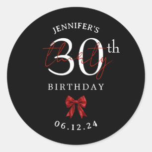 Red Coquette Bow 30th Birthday Party Black Classic Round Sticker