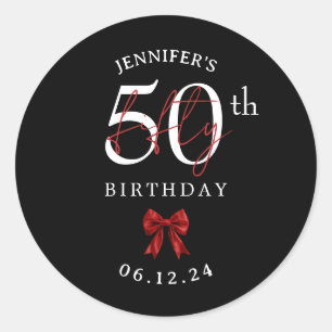 Red Coquette Bow 50th Birthday Party Black Classic Round Sticker