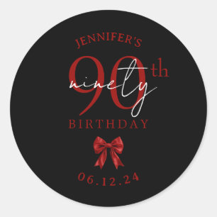 Red Coquette Bow 90th Birthday Party Black Classic Round Sticker