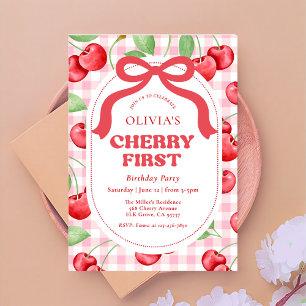 Red Coquette Bow Cherry First Birthday Party Invitation
