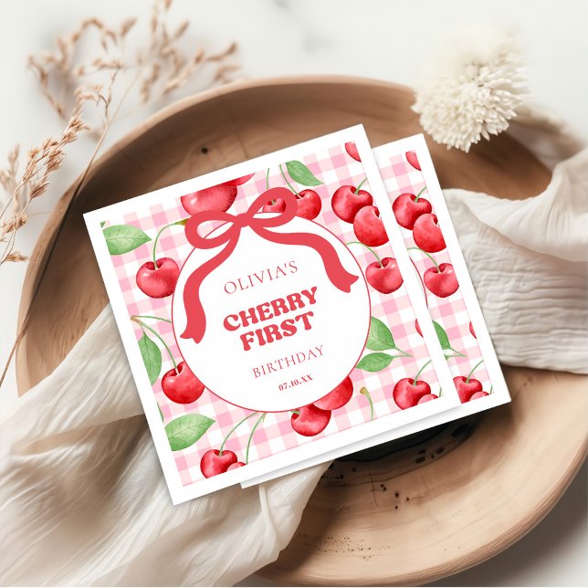 Red Coquette Bow Cherry First Birthday Party Napkin (Creator Uploaded)