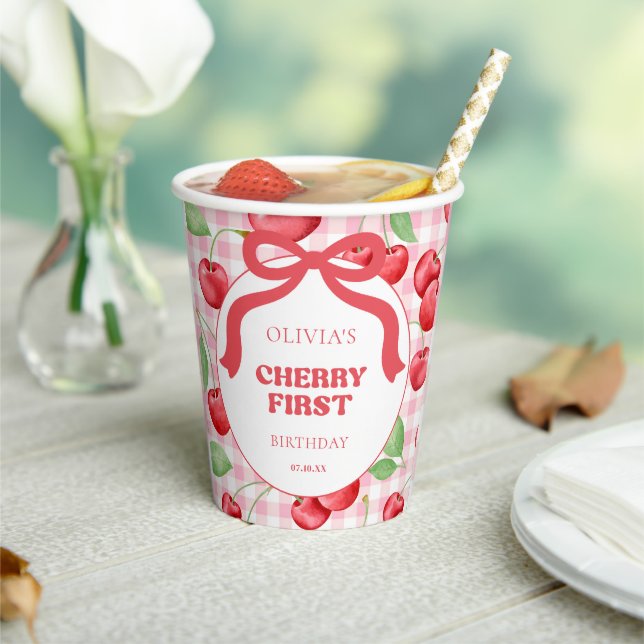 Red Coquette Bow Cherry First Birthday Party Paper Cups (Insitu)
