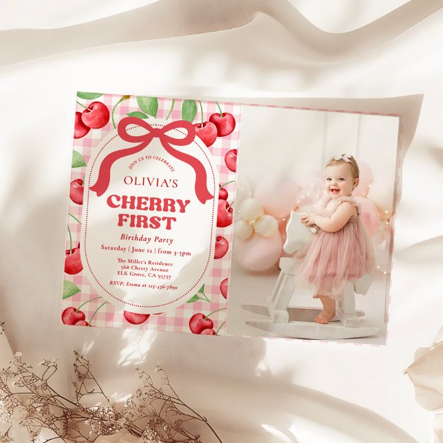 Red Coquette Bow Cherry First Birthday Party Photo Invitation (Creator Uploaded)