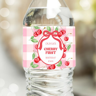 Red Coquette Bow Cherry First Birthday Party Water Bottle Label