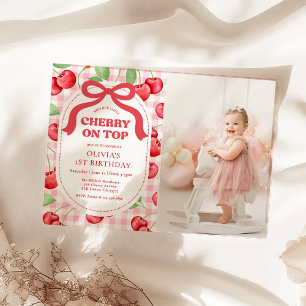 Red Coquette Bow Cherry On Top Birthday Photo Invitation