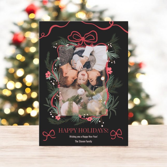 Red Coquette Bow Floral Christmas New Year Photo Holiday Card (Red Coquette Bow Floral Christmas New Year Photo Holiday Card)