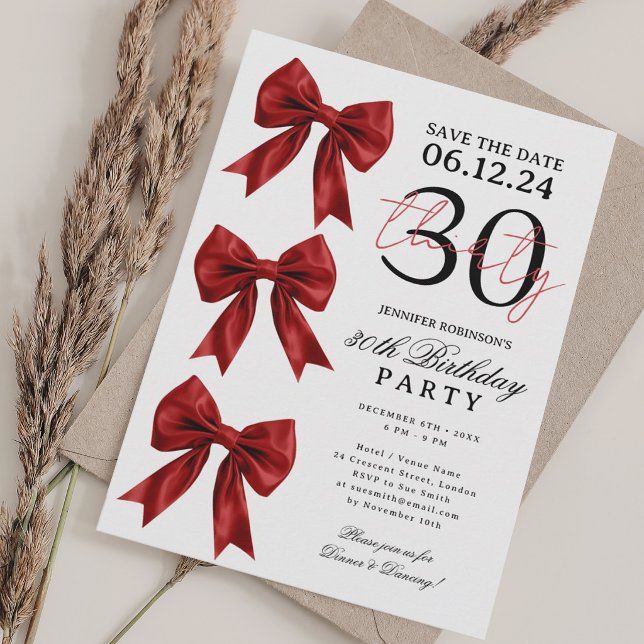 Red Coquette Bow Save Date 30th Birthday Party Invitation (Creator Uploaded)
