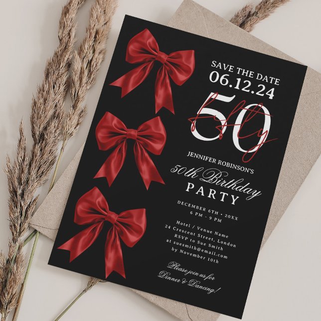 Red Coquette Bow Save Date 50th Birthday Black Invitation (Red Coquette Bow Save Date 50th Birthday Black Invitation)