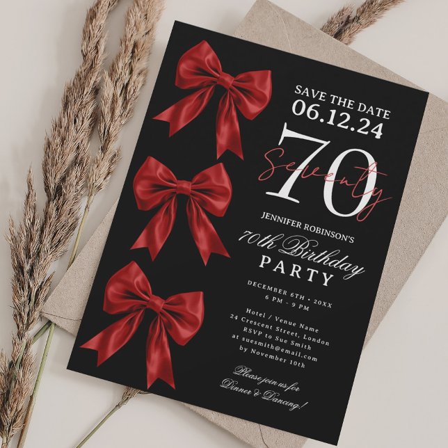 Red Coquette Bow Save Date 70th Birthday Black Invitation (Creator Uploaded)