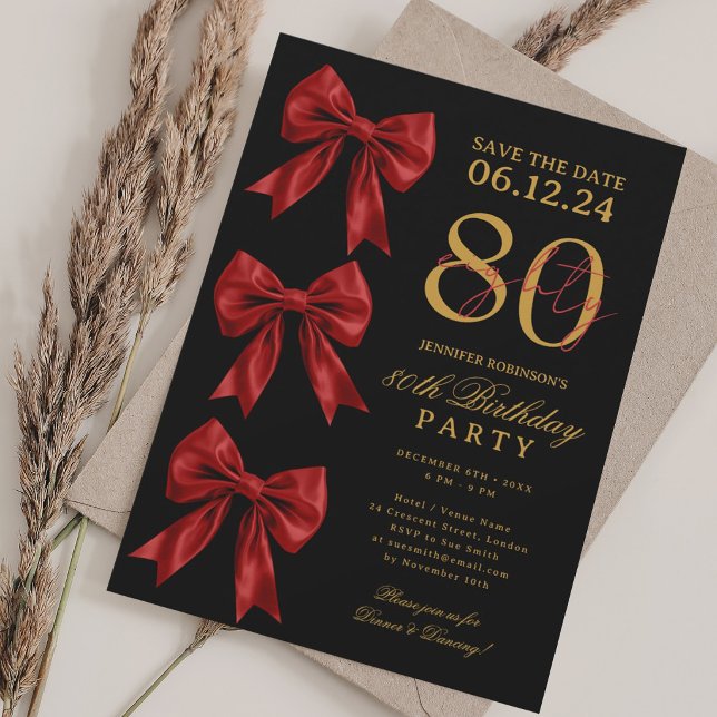 Red Coquette Bow Save Date 80th Birthday Black Invitation (Red Coquette Bow Save Date 80th Birthday Black Invitation)