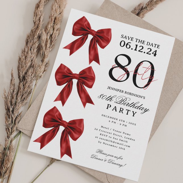 Red Coquette Bow Save Date 80th Birthday Party Invitation (Red Coquette Bow Save Date 80th Birthday Party Invitation)